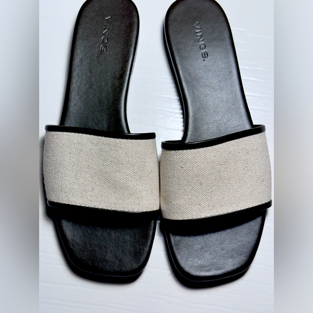 Vince Black Leather Slides with Cream Fabric Band